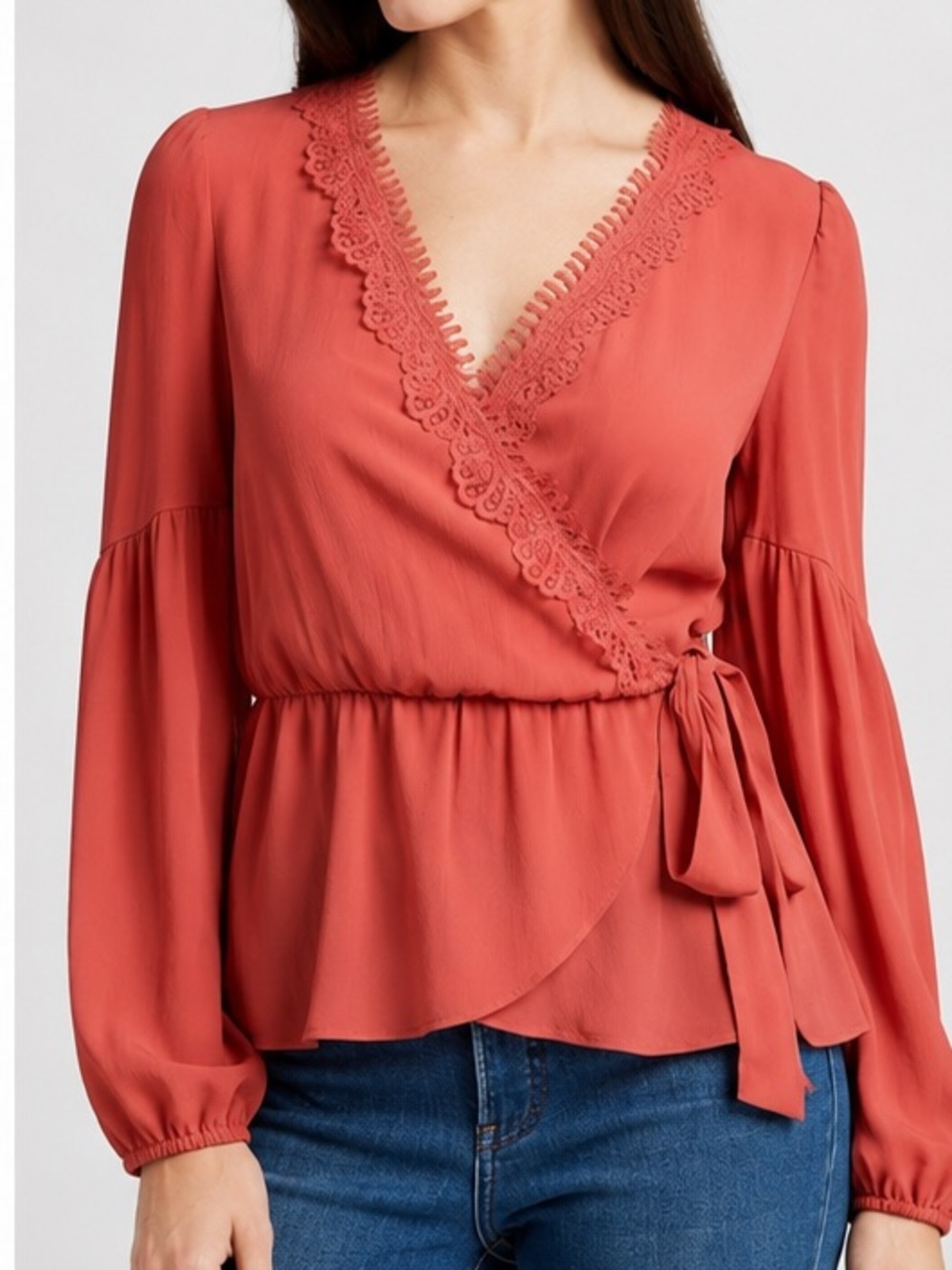 Express Coral Lace Wrap Top with Bow Tie Side Size Large NEW